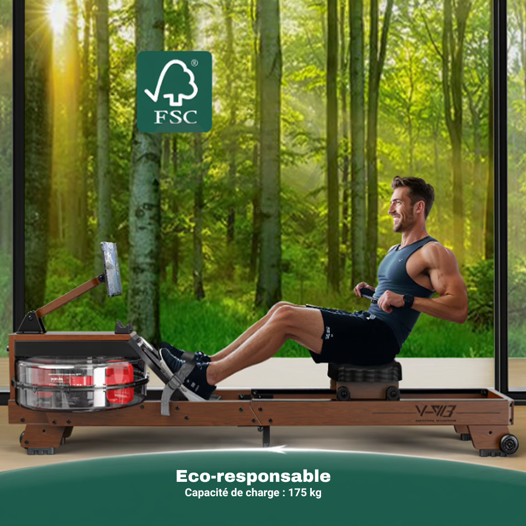 Rameur à Eau en Bois – 6 Niveaux - Réservoir 14 L | L'atelier Cardio