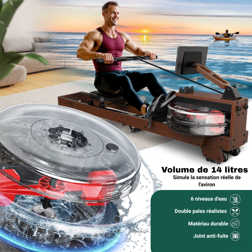 Rameur à Eau en Bois – 6 Niveaux - Réservoir 14 L | L'atelier Cardio