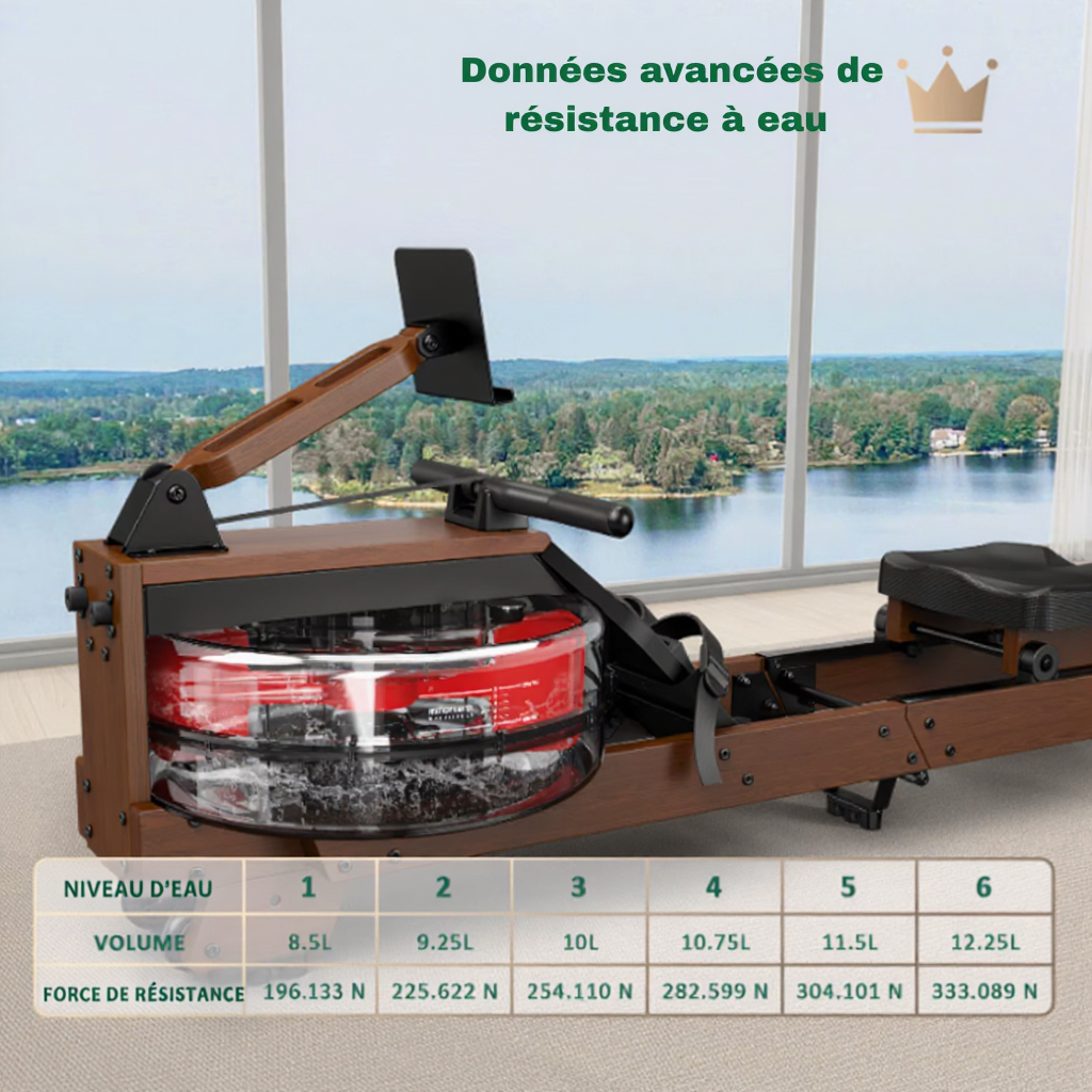 Rameur à Eau en Bois – 6 Niveaux - Réservoir 14 L | L'atelier Cardio